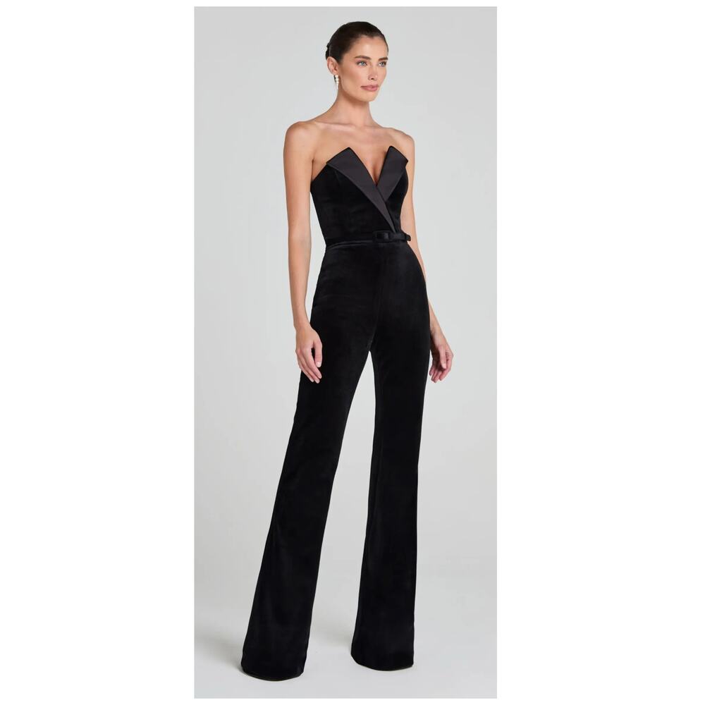 NEW NADINE MERABI Vanessa Strapless Belted Velvet Flare Jumpsuit Size US/2